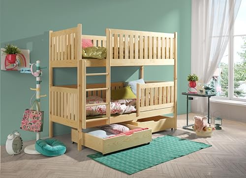 KEF Gabrielle Etagenbett Kinder 80x180 cm - Holz Kinderbett - für Zwei Kinder - Holzbett mit Schubladen - Massivholz Kinder Bett mit Lattenrost - Kiefer - mit Matratze - Leiter Rechts