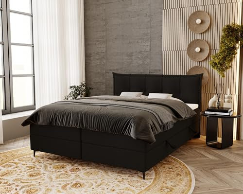 Emporius Boxspringbett 140x200 Liron - Doppelbett mit Bonell-Matratze, Bettkasten, Topper, Bouclé-Stoff (Schwarz - Anthology 19)