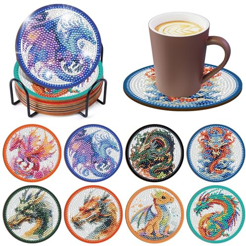 Taskicraft Drachen Diamond Painting Untersetzer - 8 Stück Diamond Painting Anhänger Bastelset DIY Drachen Diamond Painting Untersetzer Mit Ständer Und Korkunterlage Für Anfänger Erwachsene Und Kinder