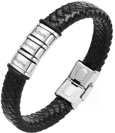 Gamtic Cadeau Papa Fête de Pères - Bracelet Homme Personnalisé en Noir Cuir Tressé avec Gravure Prénom Date Initial Phrase, Cadeaux Anniversaire Saint-Valentin Noel Pour Père Mari Ami