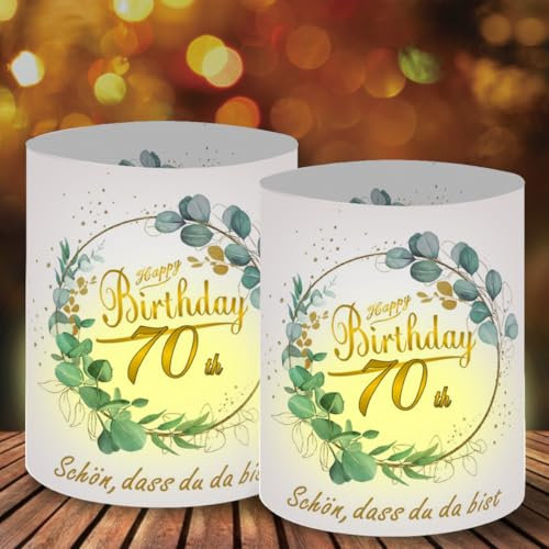12 Windlicht Tischdeko 70. Geburtstag, Schön DASS Du Da Bist, 70 Happy Birthday, Dekoration 70 Jahre Geburtstags Deko Tisch Mann Frau Eukalyptus, Geeignet für Kerzen/Teelichter