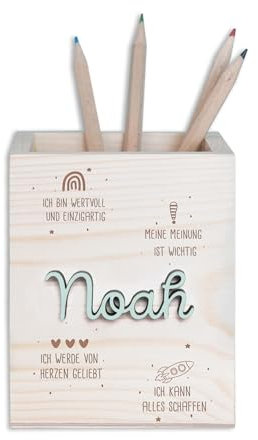 hellomini Stiftehalter, Personalisiert & aus Holz, Stifteköcher Schreibtisch, Einschulung, Einschulungsgeschenk für Kinder, Geschenk zur Einschulung, Schulanfang (Affirmation)