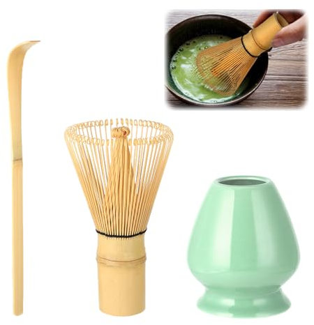 Wenrescry Matcha Ceremony Accessory Set, Japanese Handmade Matcha Whisk, Bamboo Whisk Holder, Traditional Tea Spoon, 100 Prongs, Green Tea Powder Whisk - 3 Piece Set (Mei Ziqing)