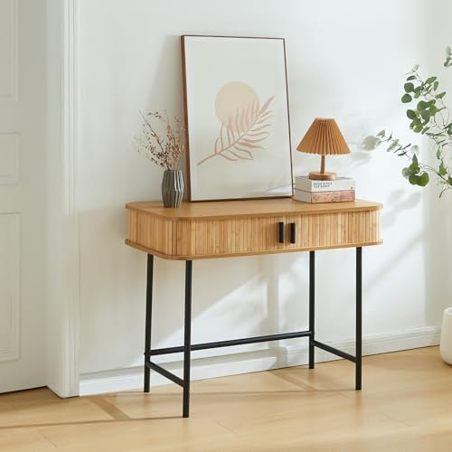 [en.casa] Table Console Design Scandinave Table d'Appoint avec 2 Compartiments de Rangement pour Entrée Salle à Manger Salon Couloir MDF Bambou Métal 100 x 50 x 76 cm Naturel Noir