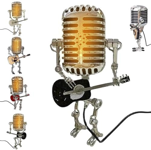 Emottle Mic Robot, Vintage Microphone Guitar Robot Lamp, Music Gifts for Men, Cool Gifts for Music Lovers, Vintage Light Home Decor Nightstand Desk Lamp for Bedroom, Music Studio(Black)