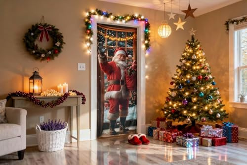 l&j Vesti Copriporta Natalizio Copertura Porta Ingresso Porte Interne Tessuto Elastico Cover Estensibile Decorazioni Pupazzo di Neve Babbo Natale con Renna Elfi gnomi