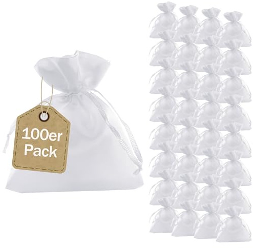SPRINTIS Satinsäckchen weiß, 8 x 10 cm (100 Stück) - edle Geschenkbeutel mit Satinband – wiederverwendbare Schmuckbeutel, perfekt für Weihnachten und Hochzeit