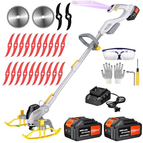 WeGofly 28CM Akku-Rasentrimmer, (2 x 21V 4.0A Akku und schnelles Ladegerät, Hilfsgleitrad, Trimmrad, Teleslopstiel, 2X Sägeblätter, 2X Metallmesser, 20x Kunststoffmesser) freischneider akku