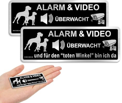SINMAO Schild Alarmgesichert und Videoüberwacht Klein mit Vorsicht Hund Schild Selbstklebend 8.5x3cm, Gebürstetes Aluminium Schwarz x2Stück