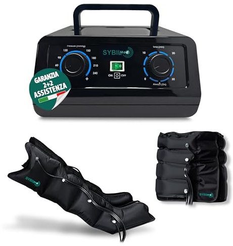 SYBILMED® Air Power Pressoterapia Linfodrenaggio Professionale Manuale, Pressoterapia per Casa e Recupero Sportivo, 4 Camere D'aria con 2 Gambali e Fascia Addominale