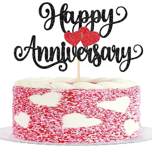 1 décoration de gâteau Happy Anniversary - Paillettes - Pour mariage, anniversaire, fête - Noir et rouge