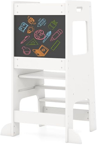 GOPLUS Lernturm Holz für Kinder, 2 in 1 Kinderturm mit Kreidetafel, Sicherheitsgeländer, rutschfestem & verstellbarem Tritt, Küchenhelfer für Babys ab 1 Jahr bis zu 60kg (Weiß)