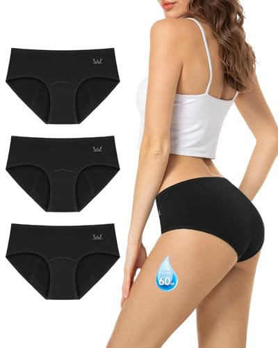 TANSTC Periodenunterschwäsche Starke Blutung Unterhosen Damen Baumwolle Period Panties Periodenunterwäsche 60ML Hochsaugfähig & Auslaufsicher Periodenslip Menstruationsunterwäsche, 3er Pack Schwarz M