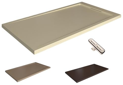 VAROBATH | Plato de ducha de resina STYLE - Resina con relleno mineral y textura pizarra antideslizante C3 - Incluye válvula de desagüe y rejilla oculta (MARFIL RAL1015, 80X180)