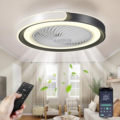 TYJY LED Leise Deckenventilator Mit Beleuchtung, 70W Dimmbar Deckenleuchte Mit Ventilator, Mit Fernbedienung Und APP Timer Lampe Mit Ventilator, 6-Gang, für Wohnzimmer Schlafzimmer (Schwarz+Weiß)