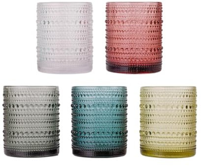 TRESV Set de 5 Vasos Colores o Transparente, Vaso de Cristal agua de 350 ml, Vaso de Agua y Bebidas, Aptos para Lavavajillas (5 colores)
