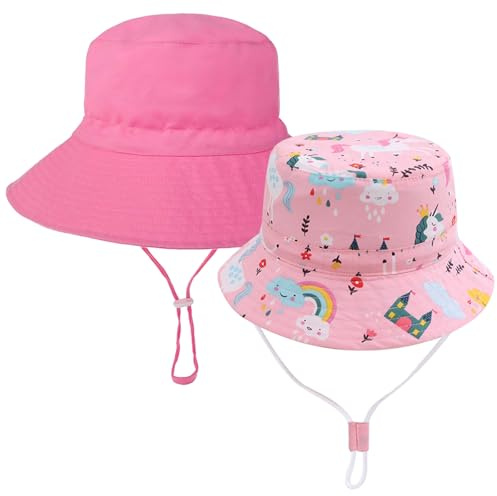 JSTHHTT 2Pcs Sonnenhut Baby Kinder, Sonnenhut Mädchen, Fischerhut Kinder, Strandhut für Mädchen Jungen, Verstellbarer Faltbare UV-Schutz mit Verstellbarem Bindebändern und Breite Krempe