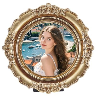 nbeads Runder Vintage-Bilderrahmen, Gold Runder Bilderrahmenständer Vintage im europäischen Stil Fotorahmen Für Heim Und Schreibtischdekoration, 18.2x18.2cm