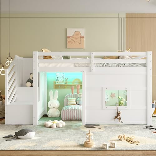 Etagenbett 90x200 mit LED-Beleuchtung, Kinderbett Hochbett mit Stauraum Treppe und Fenster, Kieferholz Funktionsbett Einzelbett Stockbett Spielbett Jugendhochbett mit Lattenrost, Ohne Matratze, Weiß