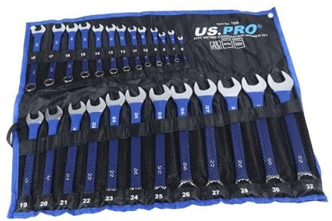 US PRO Metric Combination Spanner Set, 25-Piece, 6-32mm, with Rubber Grips and Storage Pouch