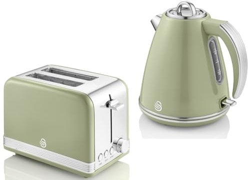 SWAN Retro Green 1.5L 3KW Jug Kettle & 2 Slice Toaster. Matching Vintage Design Kettle & Toaster Set