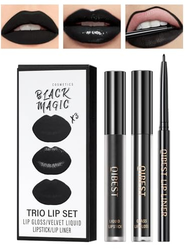 Desing Wish 3 Stück Schwarzer Lipliner Set Lippenstift Matte Lipstick Permanent Lip Liner Lip Balm Lipgloss schwarz Lippenstift 24 Stunden Long Lasting Lips Madame Make Up Kits Geschenk Geburtstage