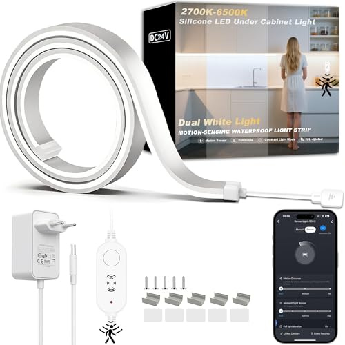 2700K-6500K LED Unterbauleuchte 1M,mit Bewegungssensor und APP Dimmbar flexibles Silikon LED Lichtleiste Strip, geeignet für Küche, Büro schrankbeleuchtung, Wohnzimmer.für Alexa, Google Assistant