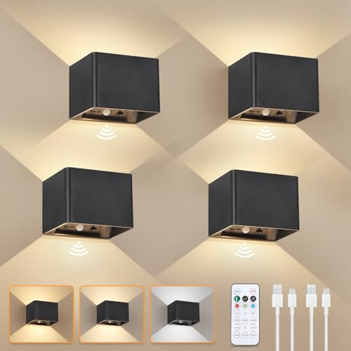 Rechargeable Wall Lights with Motion Sensor, 5400mAh Battery Operated Wall Lamps with Remote Control, Dimmable and 3 Colors, On and Auto Modes Indoor Wall Sconces for Bedroom, Hallway, Black 4 Pack