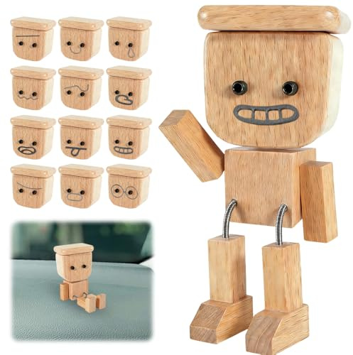 XEERUN Wackelnder Holzmann, Wackelfigur Auto Holzmann mit 12 Magnetischen Gesichtsausdrücke, Wackelnde Holzfigur, Schüttelmann aus Holz, Auto Ornament für Armaturenbrett & Schreibtisch Dekoration