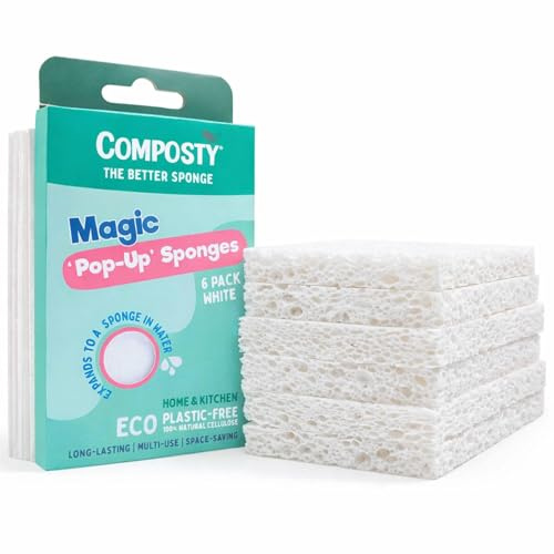 Composty Pop-Up Sponges 6 Pack White | Eco Sponges Washing Up | Compostable Kitchen Sponge | Plastic Free, Non-Scratch | Reusable Cellulose Pads | Multiuse, washable, reusable, long-lasting, durable