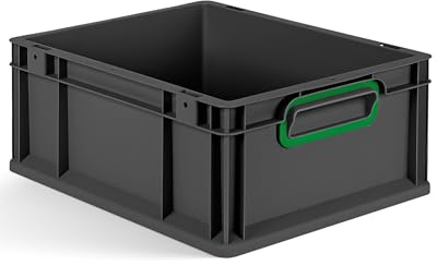 aidB Eurobox NextGen 2.0 Cycle - 400x300x170mm – 16L Aufbewahrungsbox aus recyceltem Material - Stapelbare Lagerbox in Anthrazit – geschlossene Griffe - Industriequalität - inkl. ColorClips in Grün