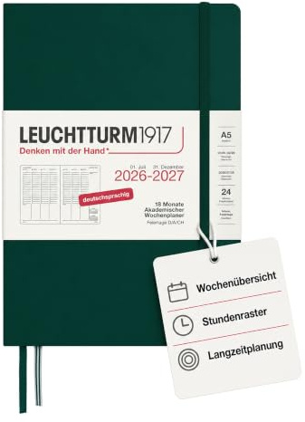 LEUCHTTURM1917 Wochenplaner 2027 Medium (A5) - Deutsch, Forest Green, 210 x 145 mm, Juli-Dezember (18 Monate), Wochenübersicht mit Stundenraster 7:00-22:00 je Spalte, Hardcover, 80 g/m² Papier