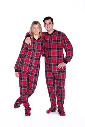Big Feet Plaid Coton Flanelle Adulte aux Pieds des Pyjamas w/Drop-siège Médium Rouge
