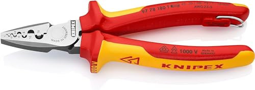Knipex Alicate para crimpar punteras huecas homologado por VDE; con anilla de fijación aislada e integrada para colocar una protección anticaída 180 mm (cartulina autoservicio/blíster) 97 78 180 T BK