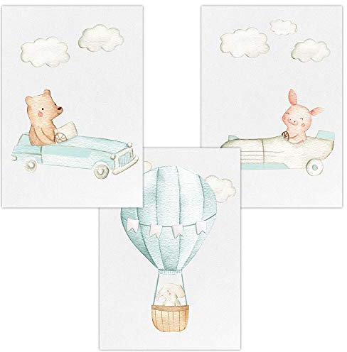Olgs Kinderzimmer 3er Poster Bilder Set | Deko Wandbilder für Babyzimmer | Bär, Ferkel, Elefant | | Autos & Heißluftballon Junge