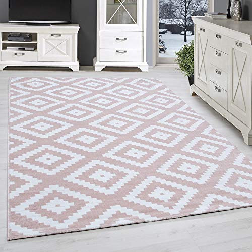 SIMPEX Kurzflor Teppich, Geometriches Design, Rosa, 160 x 230 cm, moderner Stil, Pflegeleicht, Teppich Wohnzimmer, Schlafzimmer