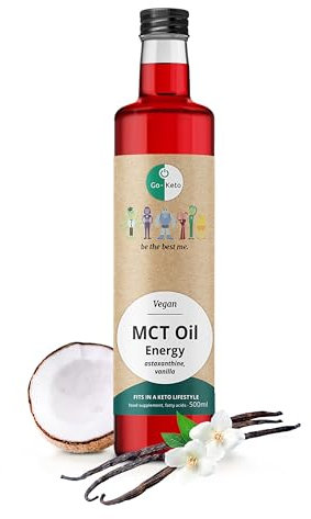 Go-Keto MCT Oil Energy, 500 ml - Huile MCT premium C8/C10 avec astaxanthine, dans bouteille en verre, TCM de 100% huile de coco, top pour le régime keto, pour un bulletproof coffee, Paléo, végane