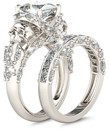 Jeulia 2 Stück Schädel Ringe Set Sterling Silber Prinzess-Schliff Ringe Schmuck für Braut Hochzeit Band Verlobungsring Damen (68 (21.8))