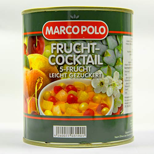 Food-United 5-Frucht-Cocktail leicht gezuckert 1 Dose Füllmenge 820g ATG 500g Birnen Pfirsiche Weintrauben Ananas Kirschen exotische Aromen harmonisch abgeschmeckt sorgfältig ausgewählt (1 Dose)