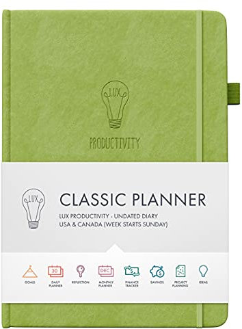 LUX PRODUCTIVITY Klassischer Planer – 2021 – undatierter Terminplaner – ein persönliches Tagebuch um Ziele zu setzen, steigert Achtsamkeit, Glück und Dankbarkeit (Limettengrün)