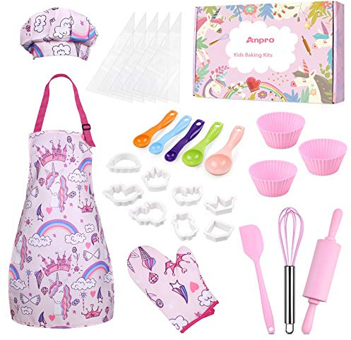 Anpro 27 PCS Kit de Cocina y Horneado para Niños, Juego de Roles para Niños,Chef Set Accesorios de Juego,Regalos para Cumpleaños y Navidad (Rosa, 8-12 años)
