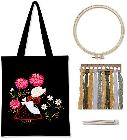 Gigicloud Schwarze Leinen-Tragetasche, Stickset mit Muster und Anleitung (evtl. nicht in deutscher Sprache), inklusive Sticktasche mit Blumenmuster, Bambus-Stickrahmen, Farbfäden und Werkzeug, schönes