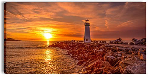 Quadri L&C ITALIA Quadro Mare e Faro - Stampa su Tela Canvas da Parete 90 x 45 con Paesaggio Marino Tramonto per Soggiorno Camera da Letto Cucina Arredamento Ufficio