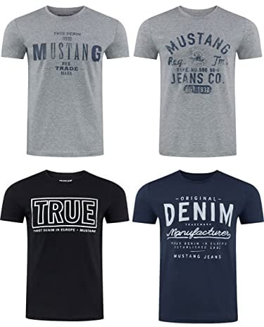 MUSTANG Herren T-Shirt 4er Pack Frontprint O-Neck Rundhalsausschnitt Kurzarm Regular Tee Shirt 100% Baumwolle Schwarz Weiß Grau Blau Grün, Größe:6XL, Farbe:Farbmix (P14)