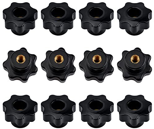 MOROBOR Manopola a stella M8 Manopola di serraggio con filettatura zigrinata, 12 pezzi in plastica nera con foro passante Set dado filettato femmina in ottone per apparecchiature meccaniche