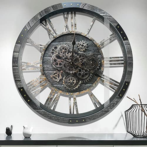 Real Moving Gears Wall Clock, Large Wall Clock Oversized Silent Vintage Steampunk Industrial Rustic Farmhouse Wooden Clocks for Living Room Kitchen Studio Cafe Wall Decor(68cm/27inch,Carbon Grey)