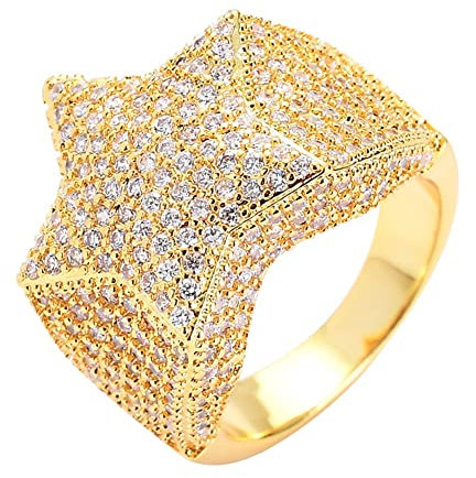 DFWY Hip Hop Bling Pentagramm Zirkon Ring – 14 Karat Vergoldet Iced Out CZ Simulierter Diamant 3D Stern Ring – Handgemachter Rapper Männer Frauen Street Rock Schmuck(Gold,09)