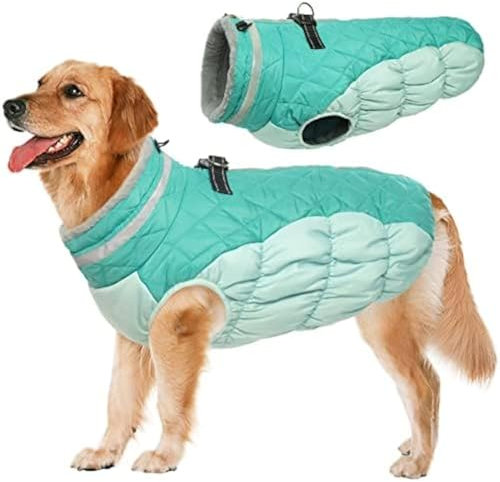 Lelepet Wasserdicht Hundemantel, Winter Winddicht Hundejacke mit Geschirr, Warme Reflektierend Schneeanzug Winterweste, Kaltes Wetter Hundepullover für Kleine Mittlere Große Hunde (Mintgrün, 3XL)
