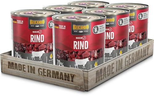BELCANDO Baseline Nassfutter für Hunde, Rind, 6X 800g Dose, 70% Fleisch für ausgewachsene Hunde, Hundefutter nass ohne Getreide, Made in Germany