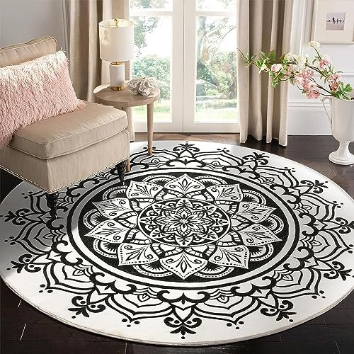 Carvapet Teppich Rund 150cm Weich und Flauschig Teppich Gegend Kreis rutschfest Waschbar Böhmisches Mandala Bodenteppich Wohnzimmer Schlafzimmer(Schwarz Mandala)